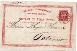 CTN86- EP CP REPIQUAGE CHRISTIANIA BANK JUIN 1890 POUR PALERMO ITALIE - Postwaardestukken