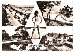 CPSM 33 (Gironde) Arcachon - Casino Mauresque, Casino De La Plage, Promenade Et Plage, Baigneuse En Bikini  TBE - Casino