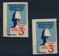 Exposition Coloniale PARIS 1931 - Deux Tickets D'entrée - Etat TTB - Tickets - Vouchers