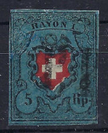 SUISSE Ca.1850: Le "5 Rp. Bleu Foncé Rayon I" ZNr. 15II, Obl. "P.P.", Très Forte Cote, Attest. "Moser" - 1843-1852 Kantonalmarken Und Bundesmarken