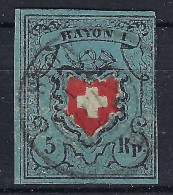 SUISSE Ca.1850: Le "5 Rp. Bleu-vert Foncé Rayon I " ZNr. 15II, Obl. CAD "SION", Très Forte Cote, Attest. "Moser" - 1843-1852 Federal & Cantonal Stamps