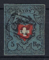 SUISSE Ca.1850: Le "5 Rp. Bleu Foncé Rayon I " ZNr. 15II, Obl. "PP", Très Forte Cote, Attest. "Moser" - 1843-1852 Kantonalmarken Und Bundesmarken