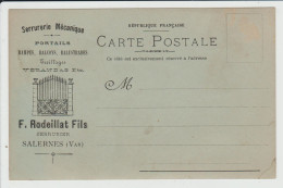 SALERNES - VAR - CARTE PUBLICITAIRE SERRURERIE MECANIQUE RODEILLAT FILS - Salernes