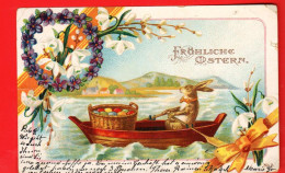 ZVV-37  Fröhliche Ostern Joyeuses Pâques Lapin Dans Une Barque Ramant, Avec Oeufs De Pâques. Dos Simple.Circ. 1907 - Easter