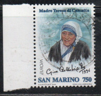REPUBBLICA DI SAN MARINO 1996 EUROPA UNITA CEPT MADRE TERESA DI CALCUTTA MOTHER LIRE 750 USATO USED OBLITERE' - Used Stamps