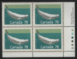 Canada 1988-92 MNH Sc 1179 78c Beluga Whale LR Plate Block - Plate Number & Inscriptions