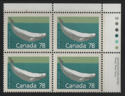 Canada 1988-92 MNH Sc 1179 78c Beluga Whale UR Plate Block - Plate Number & Inscriptions