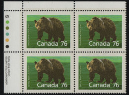 Canada 1988-92 MNH Sc 1178i 76c Grizzly Bear UL Plate Block - Plattennummern & Inschriften