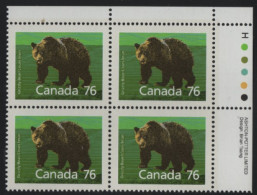 Canada 1988-92 MNH Sc 1178 76c Grizzly Bear UR Plate Block - Plattennummern & Inschriften