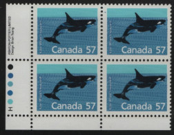 Canada 1988-92 MNH Sc 1173i 57c Killer Whale LL Plate Block - Plate Number & Inscriptions
