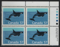 Canada 1988-92 MNH Sc 1173 57c Killer Whale UR Plate Block - Plate Number & Inscriptions