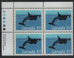 Canada 1988-92 MNH Sc 1173 57c Killer Whale UL Plate Block - Plattennummern & Inschriften