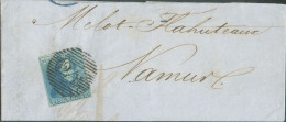 N°2 - Epaulette 20 Centimes Bleue, TB Margée Obl. P.24 Sur Partie De Lettre De BRUXELLES Le 19 Janveir 1850 Vers Namur. - 1849 Mostrine