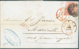 N°8 - Médaillon 40 Centimes Carmin-rouge  (avec Voisin) Obl. P.73 Sur Lettre De LIEGE Le 14 Juin 1853 Vers Marseille - 2 - 1851-1857 Médaillons (6/8)