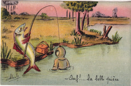 Illustrateur ATOCH-1er AVRIL-Poisson En Train De Pêcher Un Un Scaphandrier  " Ouf ..la Belle Piéce " - Ecoles