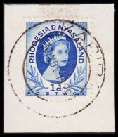 1956. RHODESIA & NYASSALAND. Elizabeth 1 D Cancelled KARIBA  30 NOV 1956. On Small Piece.  (Michel 2) - JF535031 - Rhodesia & Nyasaland (1954-1963)