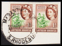 1953. SOUTHERN RHODESIA. Elizabeth TOBACCO PLANTER Pair 1 D Cancelled MARANDELLAS. On Small Pi... (Michel 81) - JF535043 - Southern Rhodesia (...-1964)