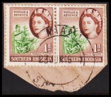 1953. SOUTHERN RHODESIA. Elizabeth TOBACCO PLANTER Pair 1 D Cancelled MIAMI. On Small Piece. (Michel 81) - JF535048 - Southern Rhodesia (...-1964)