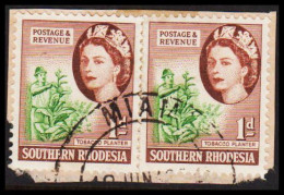 1953. SOUTHERN RHODESIA. Elizabeth TOBACCO PLANTER Pair 1 D Cancelled MIAMI. On Small Piece. (Michel 81) - JF535049 - Southern Rhodesia (...-1964)