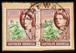 1953. SOUTHERN RHODESIA. Elizabeth TOBACCO PLANTER Pair 1 D Cancelled MREWA. On Small Piece. (Michel 81) - JF535050 - Southern Rhodesia (...-1964)