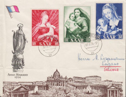 1954. Saar. Marianisches Jahr: Gemälde Complete Set On Cover To Lugano, Schweiz Cancelled... (MICHEL 351-353) - JF535275 - Storia Postale