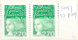 FRANCE N° 3091 2.70 VERT TYPE MARIANNE DE LUQUET  PAIRE SANS PHOSPHORE NEUF SANS CHARNIERE - 1990-1999