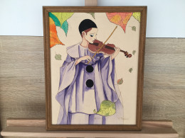 Art Deco - Clown Playing The Violin Autumn Simphony Clown Jouant Du Violon Clown Spielt Geige Painting Oil On Cardboard - Oelbilder