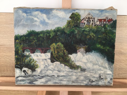 Delcampe - Switzerland Helvetia Schweiz Suisse - Rhine Falls Waterfall Laufen Castle Singed Artwork, Wooden Chassis Size 355/275 Mm - Huiles