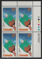 Canada 1988 MNH Sc 1221 37c Basball Glove, Ball, Diamond UR Plate Block - Plate Number & Inscriptions