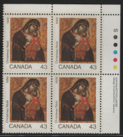 Canada 1988 MNH Sc 1223 43c Madonna And Child Christmas UR Plate Block - Plate Number & Inscriptions