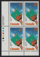 Canada 1988 MNH Sc 1221 37c Basball Glove, Ball, Diamond LL Plate Block - Num. Planches & Inscriptions Marge