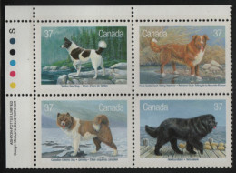 Canada 1988 MNH Sc 1220a 37c Dogs UL Plate Block - Números De Planchas & Inscripciones