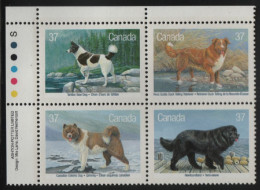 Canada 1988 MNH Sc 1220a 37c Dogs UL Plate Block - Num. Planches & Inscriptions Marge