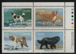 Canada 1988 MNH Sc 1220a With 1219i 37c Dogs Variety UR Plate Block - Num. Planches & Inscriptions Marge