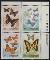 Canada 1988 MNH Sc 1213a 37c Butterflies UR Plate Block - Plaatnummers & Bladboorden
