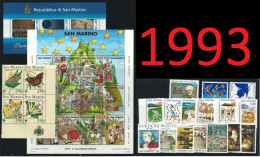 ● San Marino 1993 ֍ ANNATA COMPLETA ** ● SOTTO FACCIALE ● 2 Foglietti + 20 Fb ● Tutte Serie Complete ● - Años Completos