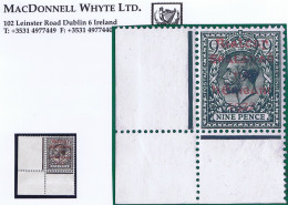 Ireland 1922 Dollard Rialtas 5-line Ovpt In Carmine On 9d Agate, Lower Left Corner Fresh Mint Unmounted Never Hinged - Neufs