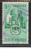 VENEZUELA 1953 1954 COAT OF ARMS FALCON AND STYLIZED OIL REFINERY 5c USED USATO OBLITERE' - Venezuela