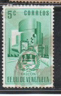 VENEZUELA 1953 1954 COAT OF ARMS FALCON AND STYLIZED OIL REFINERY 5c USED USATO OBLITERE' - Venezuela