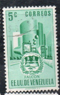 VENEZUELA 1953 1954 COAT OF ARMS FALCON AND STYLIZED OIL REFINERY 5c USED USATO OBLITERE' - Venezuela