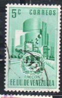 VENEZUELA 1953 1954 COAT OF ARMS FALCON AND STYLIZED OIL REFINERY 5c USED USATO OBLITERE' - Venezuela