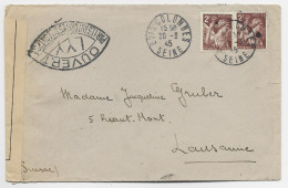 FRANCE 2FR IRIS  X2 LETTRE COVER  BOIS COLOMBES 20.3.1945 SEINE POUR SUISSE + CENSURE LYY  AU TARIF - 1939-44 Iris