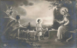 RELIGION - Christianisme - L'Enfant Jésus Avec Les Anges Et Le Troupeau De Moutons - Carte Postale Ancienne - Quadri, Vetrate E Statue