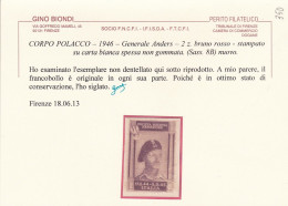 1946 CORPO POLACCO, N° 8B 2z. Bruno Rosso CARTA SPESSA (*) SENZA GOMMA - 1946-47 Corpo Polacco Period