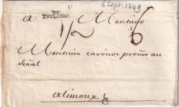 France Marque Postale - DE / TOULOUSE - Avec Texte - 1749 - 1701-1800: Vorläufer XVIII