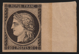 N°3f Bord De Feuille, Cérès 20c Noir, Neuf * - SUPERBE - Certificat LA POSTALE - 1849-1850 Ceres
