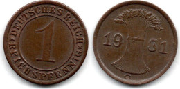MA 24076 / Allemagne - Deutschland - Germany 1 Reichspfennig 1931 G TTB - 1 Renten- & 1 Reichspfennig