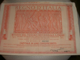 BUONO DEL TESORO 1941 RILASCIATO A FIUME NEL 1944 PAGABILE NEL REGNO NELL'AFRICA ITALIANA E NEI POSSEDIMENTI - Banque & Assurance