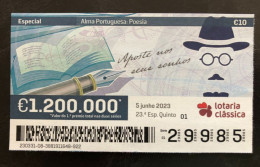 112 G, 1 X Lottery Ticket, Portugal, « Alma Portuguesa »,  « Portuguese Soul », « Poetry », « Fernando Pessoa », 2023 - Billetes De Lotería