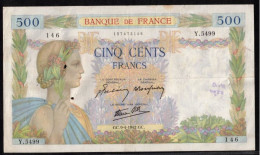 FRANCE - 500 Francs La Paix - 9/4/1942 - TB+  -  2 Trous + Trous D'épinglage - F : 32/34 - 500 F 1940-1944 ''La Paix''